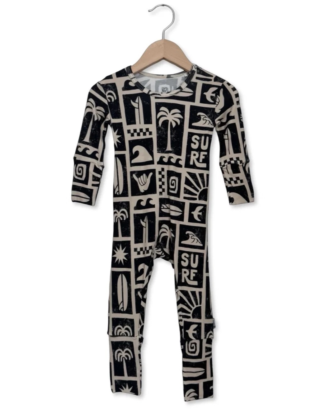 Simple Seed Baby Black & Cream Surf Print Bamboo sleep to play suit
